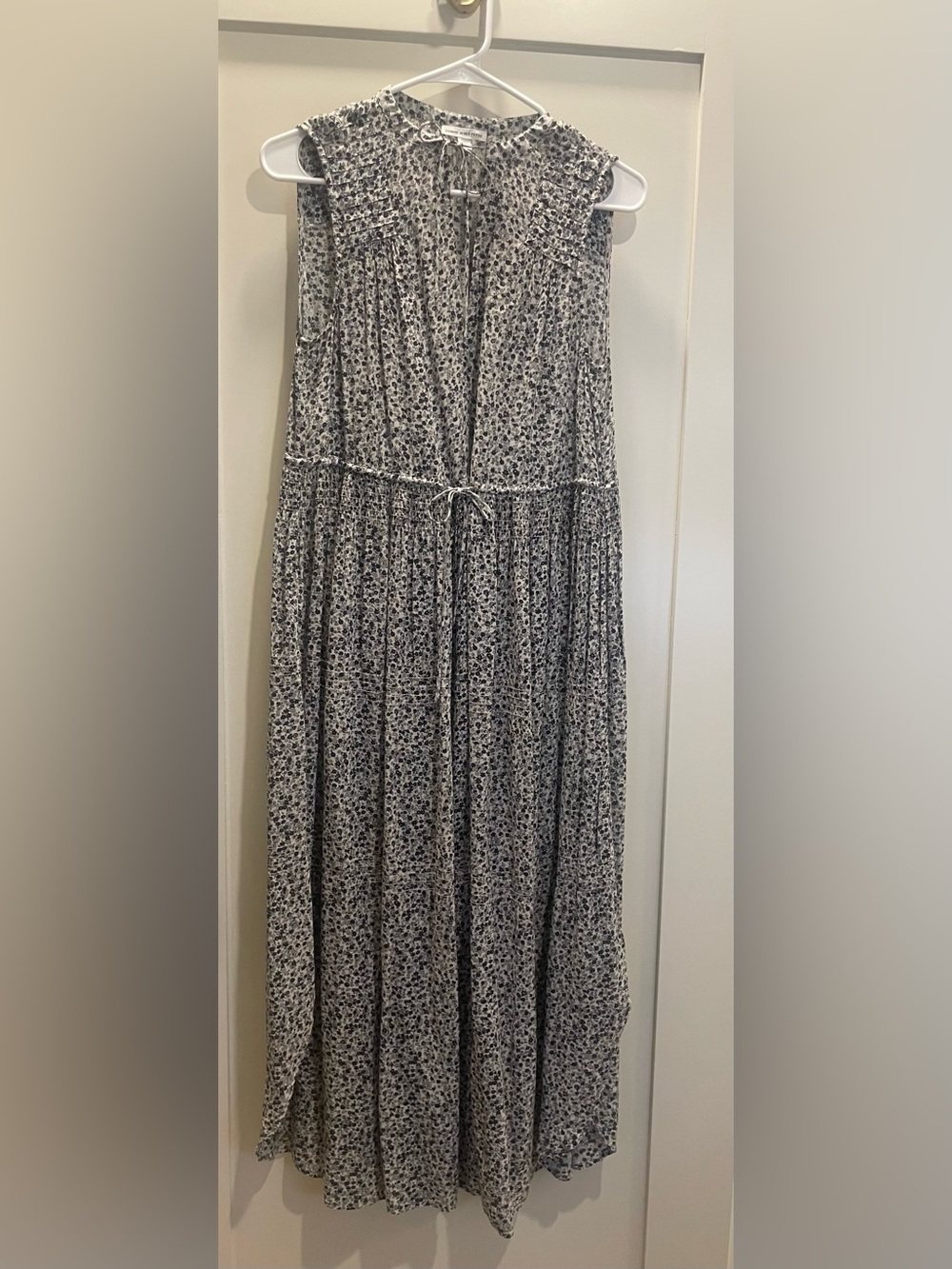 James Perse Blue and cream floral sleeveless dress with smocking detail.